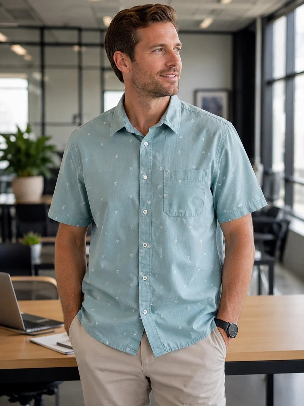 The North Face Men’s L Blue Print Button Up Shirt Short Sleeve Outdoor Sports